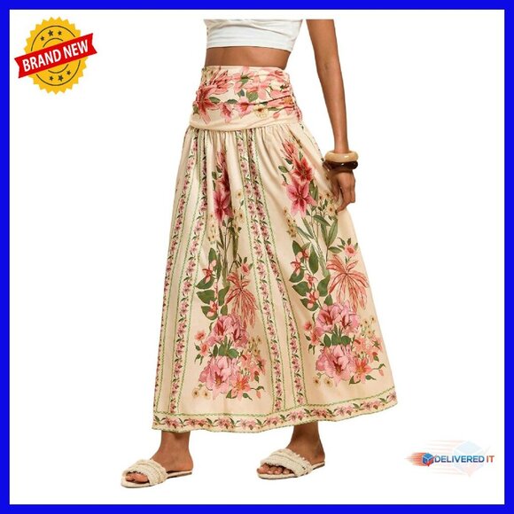 Dresses & Skirts - Shirred High Waisted Maxi Skirt A-Line Flowy Long Boho Floral Print